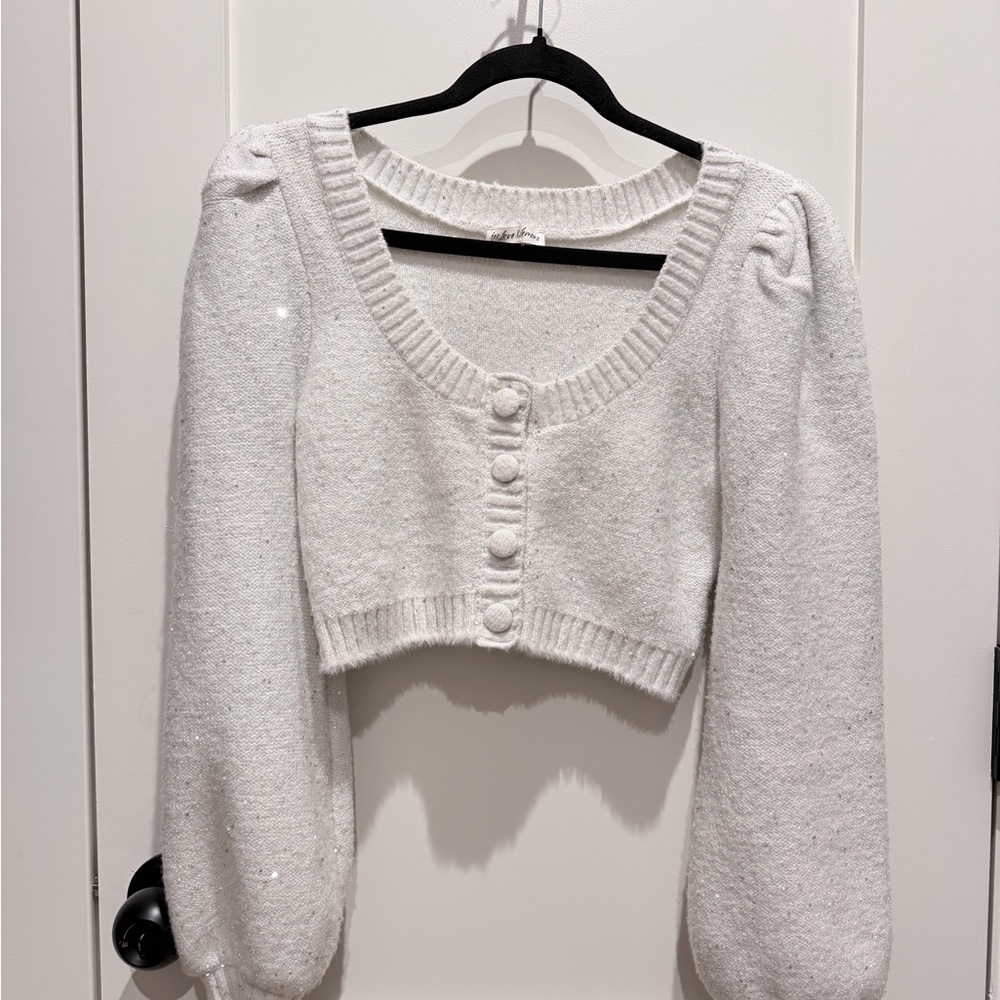 For love and lemons White Sparkle Cropped Button-Front Sweater